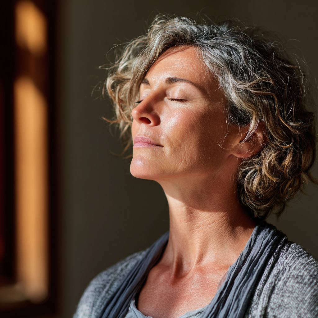 Middle-aged woman practicing mindful breathing in serene yoga studio